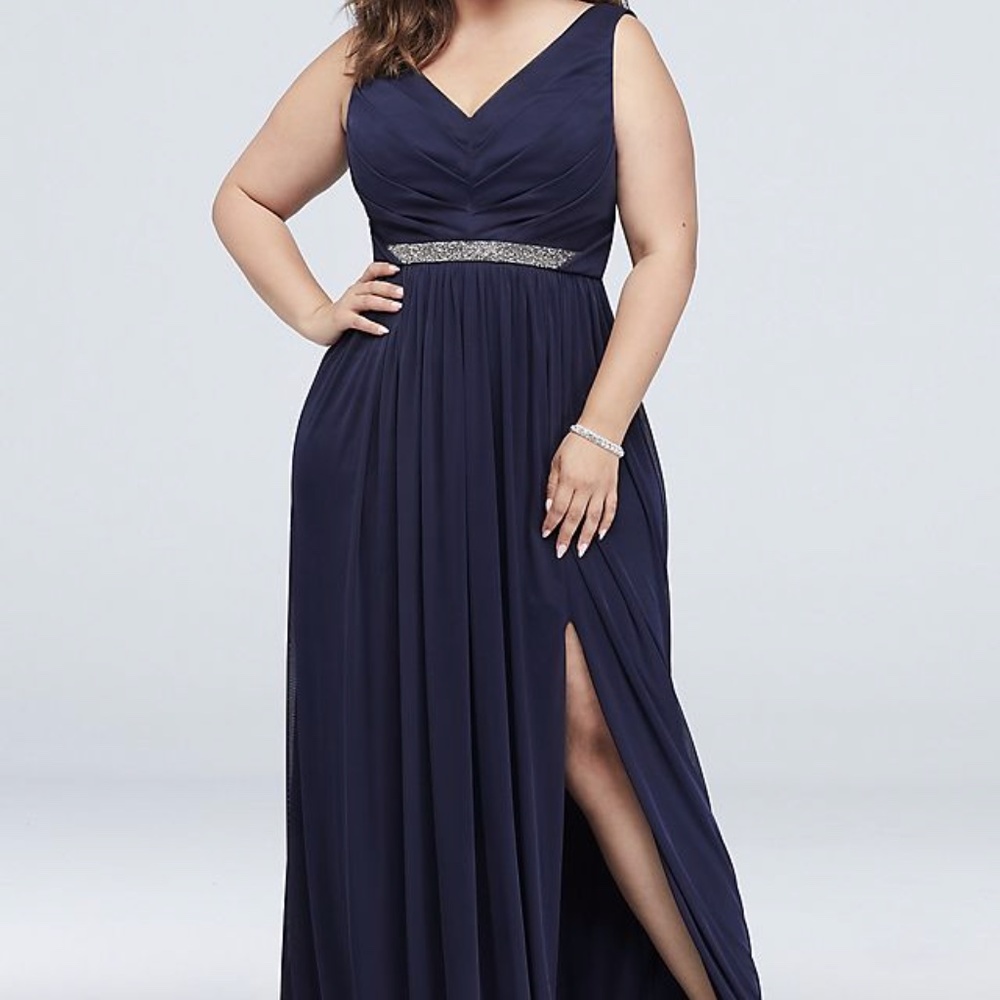 David's Bridal Long Mesh Beaded Waist Bridesmaid Dress - Size 18, Marine